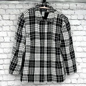 KASPER Women's Tweed Plaid 3/4 Sleeve Zip Up Blazer Jacket 18 Black & White VGC!